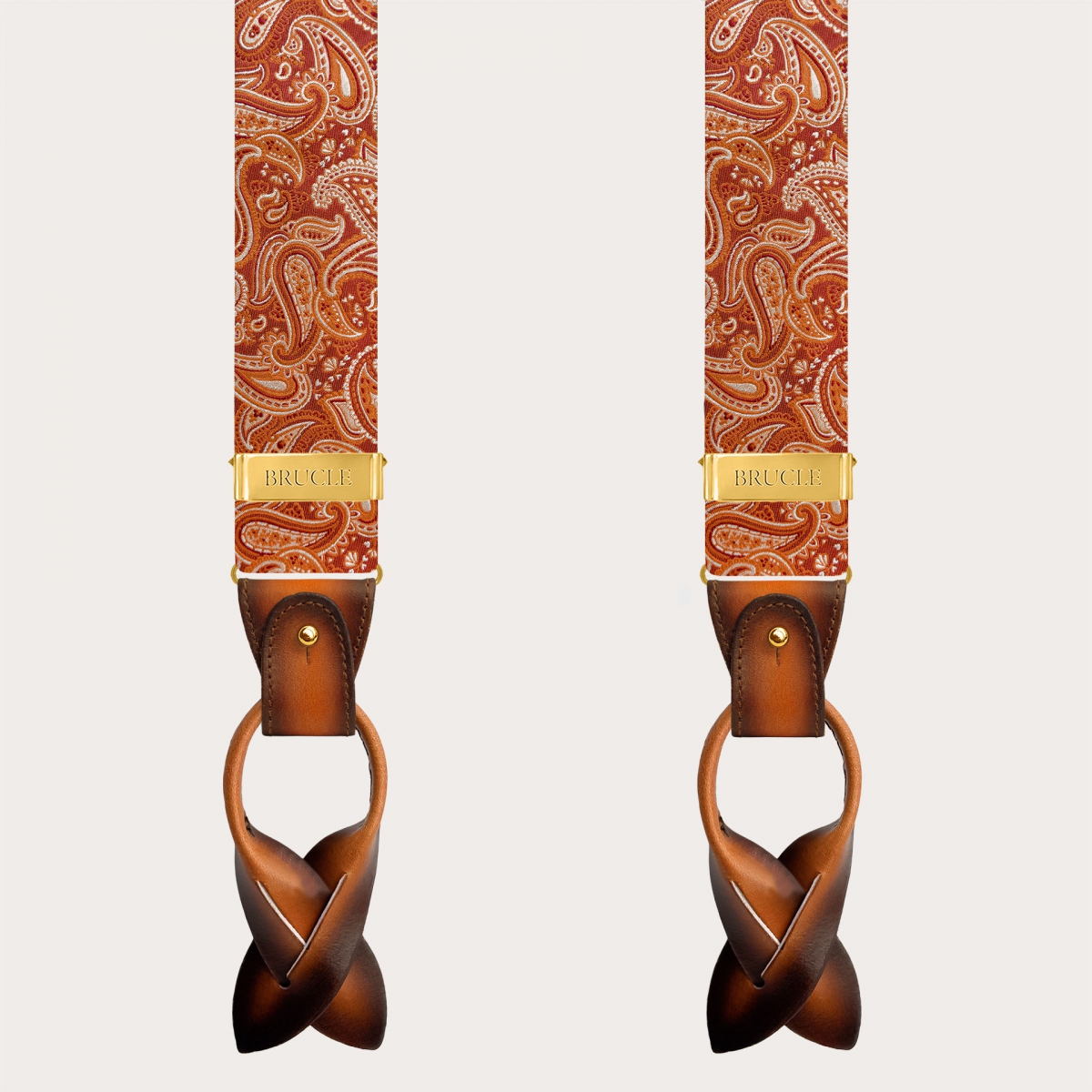 Marsala orange paisley silk suspenders with gold clips