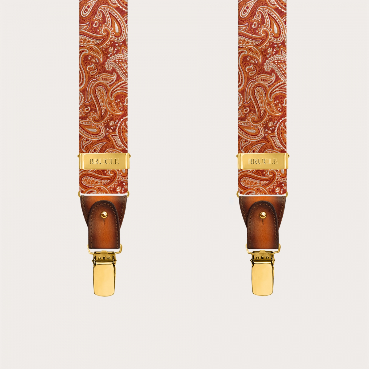 Bretelle in seta paisley arancio marsala con clip oro