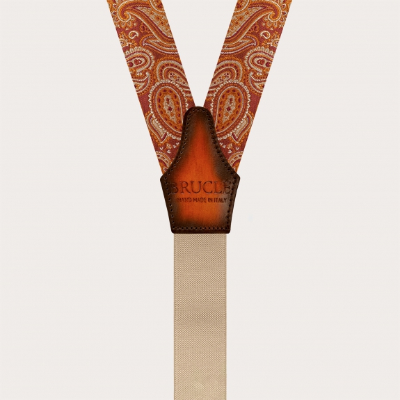 Marsala orange paisley silk suspenders with gold clips