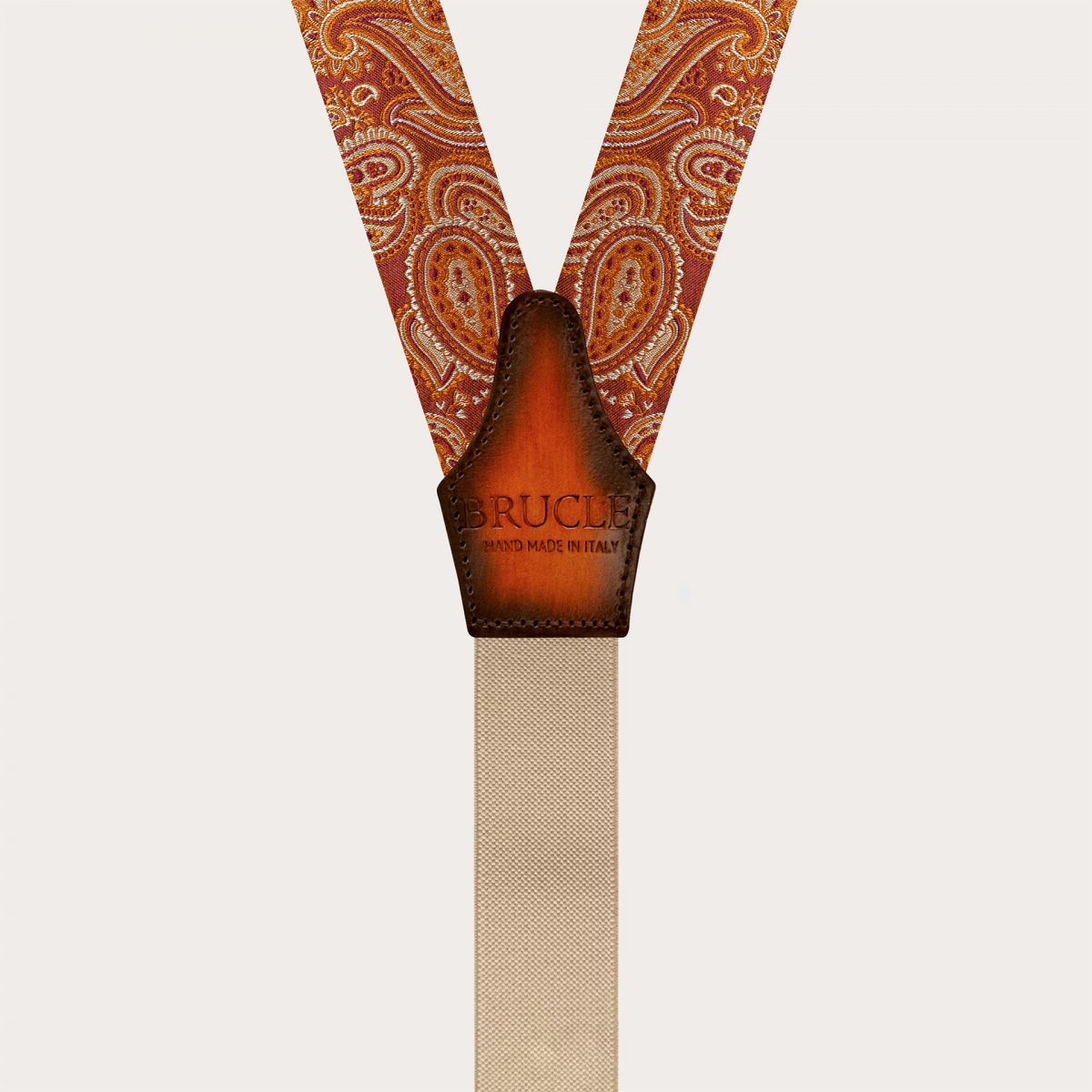 Marsala orange paisley silk suspenders with gold clips