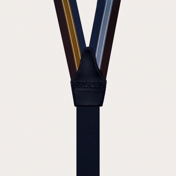 Hosenträger aus Seide in Gold mit regimental Streifen in Blau und Bordeaux für Knöpfe