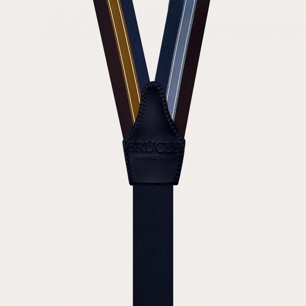 Hosenträger aus Seide in Gold mit regimental Streifen in Blau und Bordeaux für Knöpfe