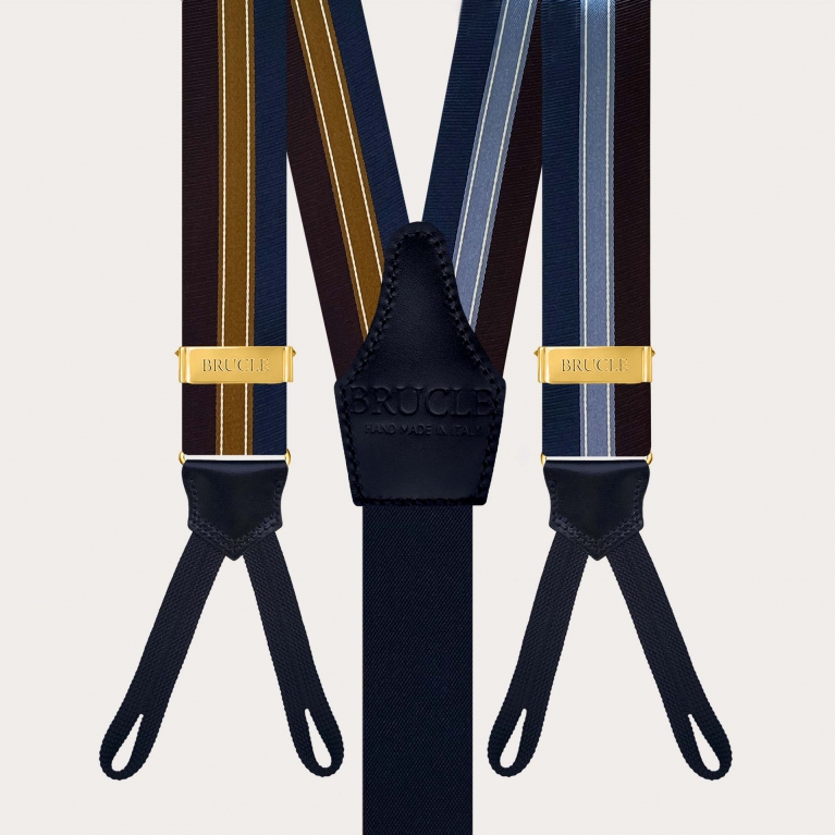 Gold silk regimental suspenders in blue and burgundy for buttons