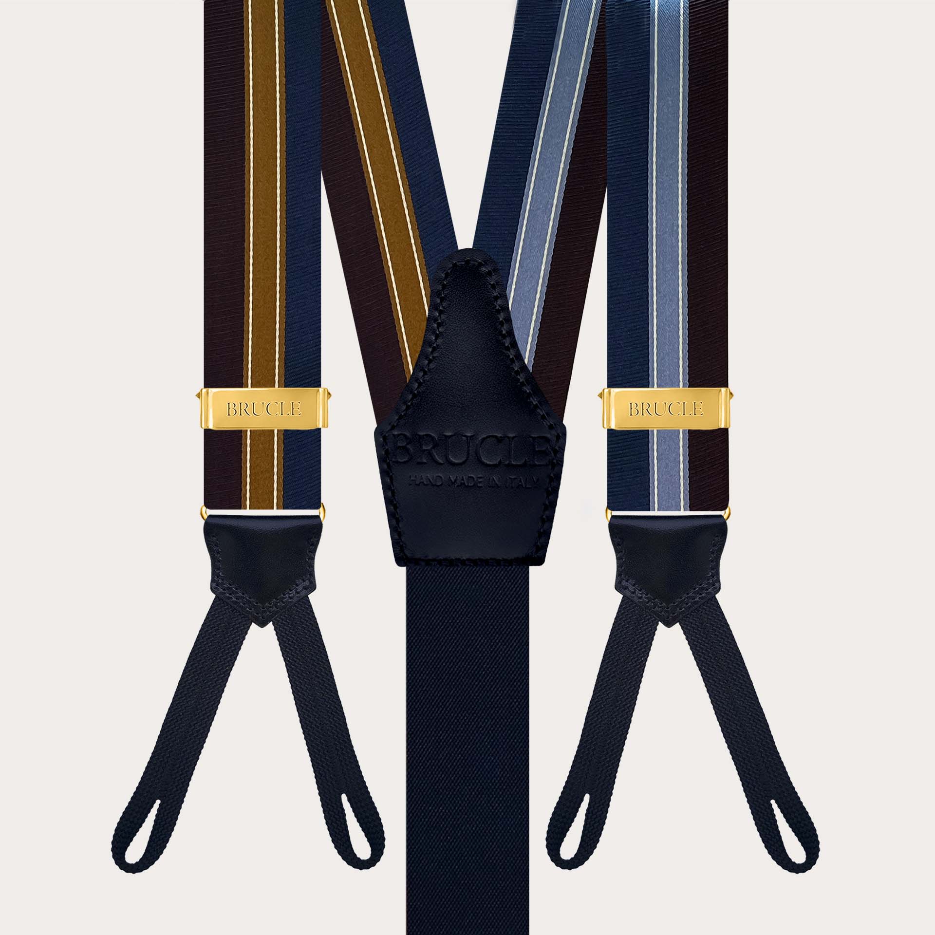 Bretelle oro in seta regimental blu e bordeaux per bottoni