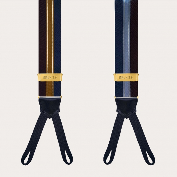 Gold silk regimental suspenders in blue and burgundy for buttons