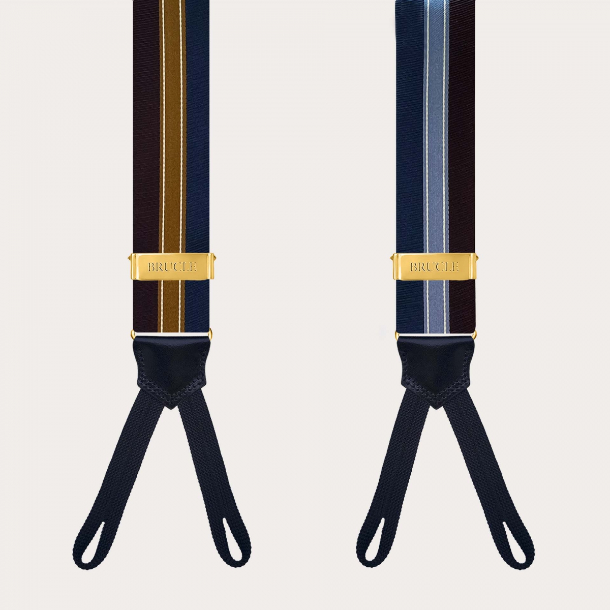 Gold silk regimental suspenders in blue and burgundy for buttons