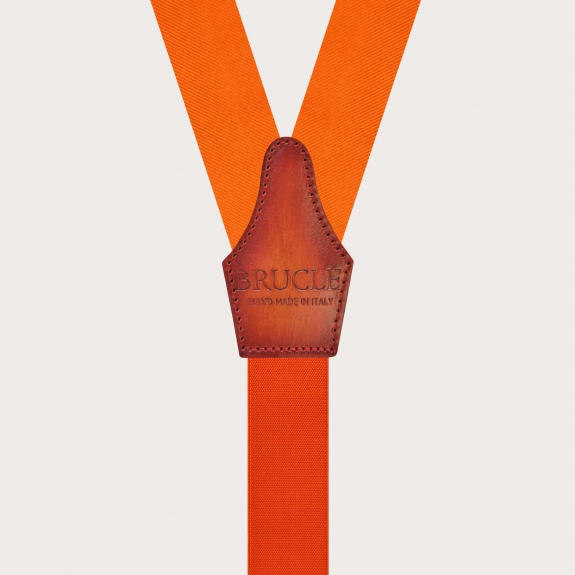 Orange silk suspenders with button loops and gold adjusters