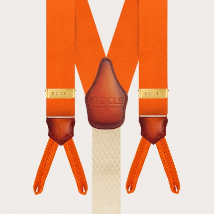 Orange silk suspenders with button loops and gold adjusters