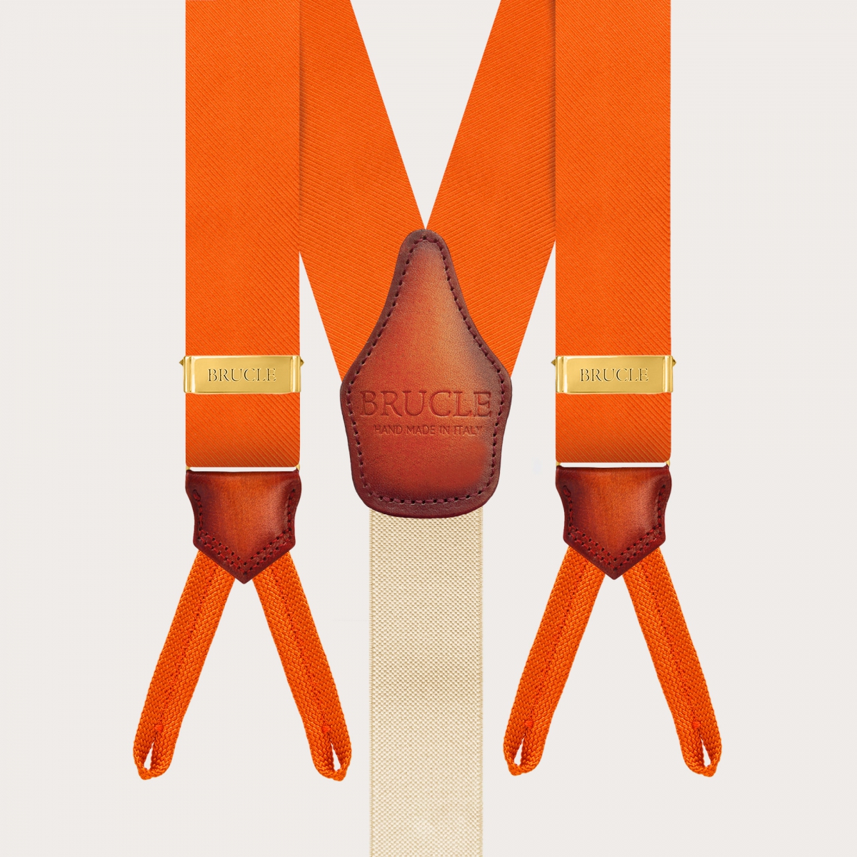 Orange silk suspenders with button loops and gold adjusters