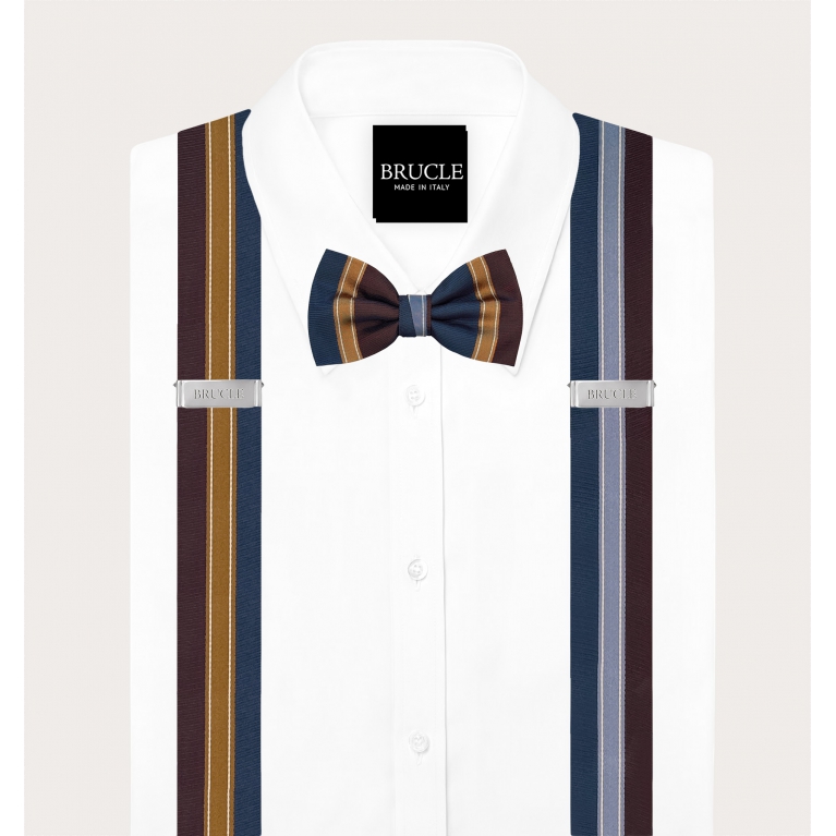 Matching regimental suspenders and bow tie set in burgundy, blue and gold