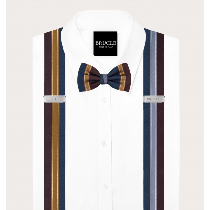 Set coordinato bretelle e papillon regimental bordeaux blu e oro