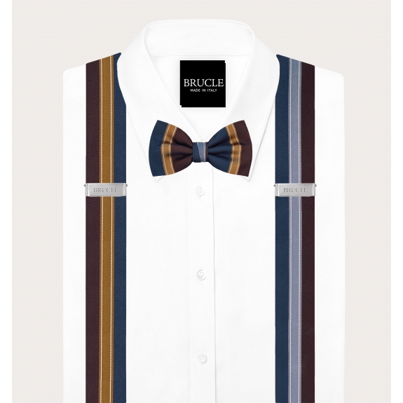 Ensemble assorti bretelles et nœud papillon regimental bordeaux, bleu et or