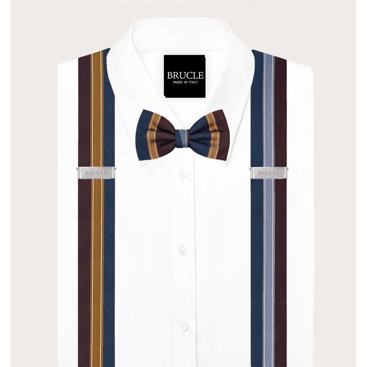 Set coordinato bretelle e papillon regimental bordeaux blu e oro