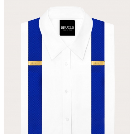 Ensemble bretelles et nœud papillon assortis en soie bleu royal avec clips dorés