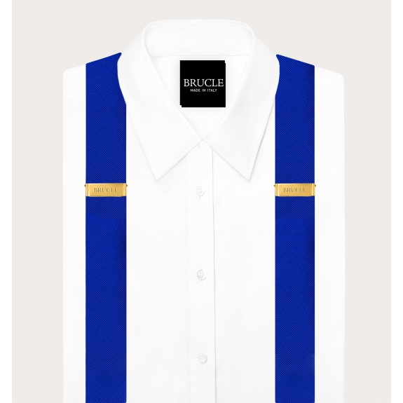 Matching suspenders and bow tie set in royal blue silk with gold clips