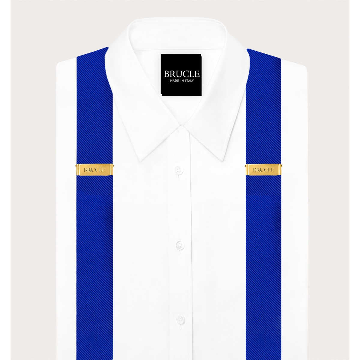 Matching suspenders and bow tie set in royal blue silk with gold clips