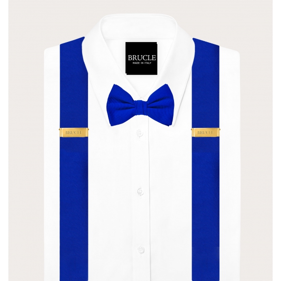 Ensemble bretelles et nœud papillon assortis en soie bleu royal avec clips dorés