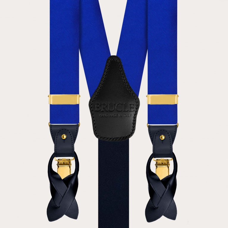 Set bretelle e papillon coordinato in seta blu royal con clip oro