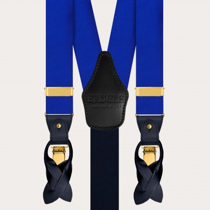 Matching suspenders and bow tie set in royal blue silk with gold clips