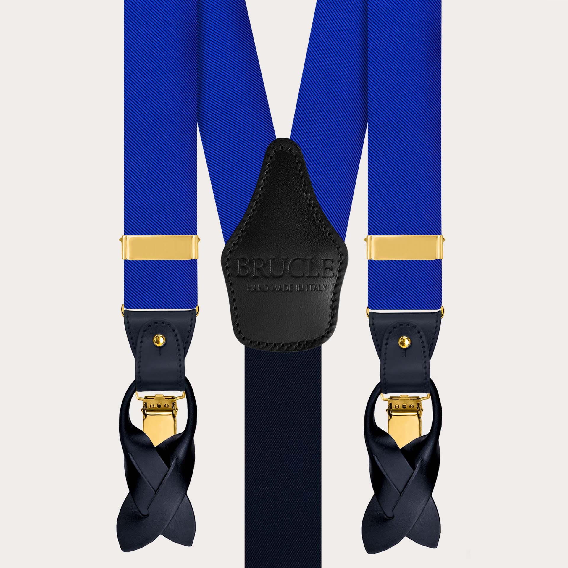 Set aus Hosenträgern und Fliege aus Seide in Royalblau mit goldenen Clips