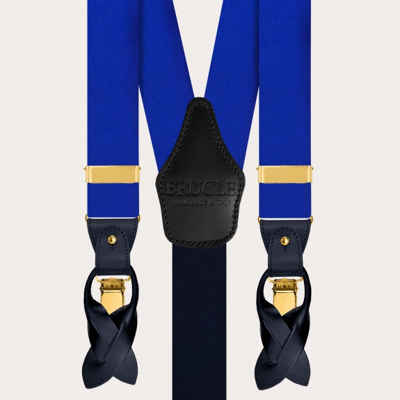 Set aus Hosenträgern und Fliege aus Seide in Royalblau mit goldenen Clips