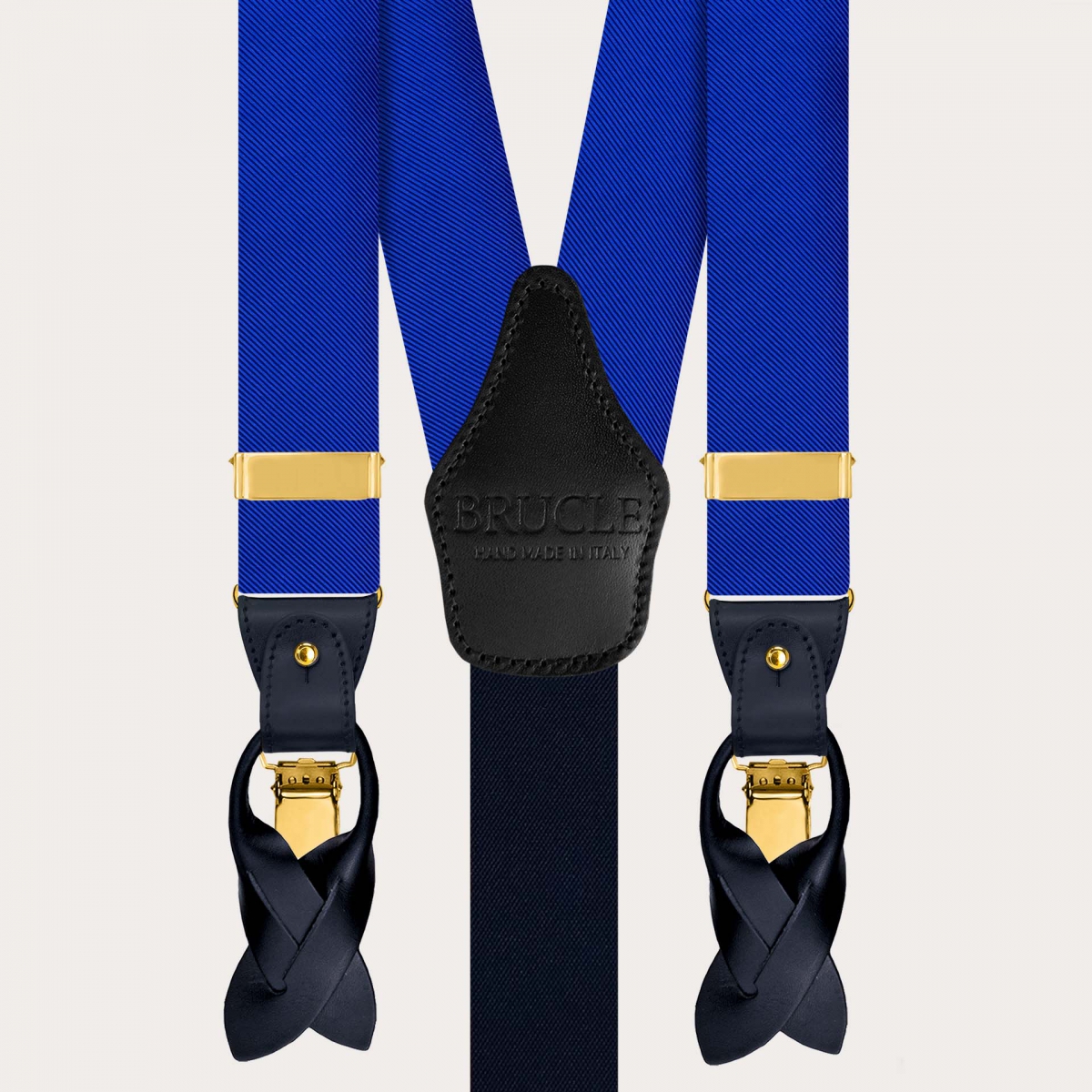 Set bretelle e papillon coordinato in seta blu royal con clip oro