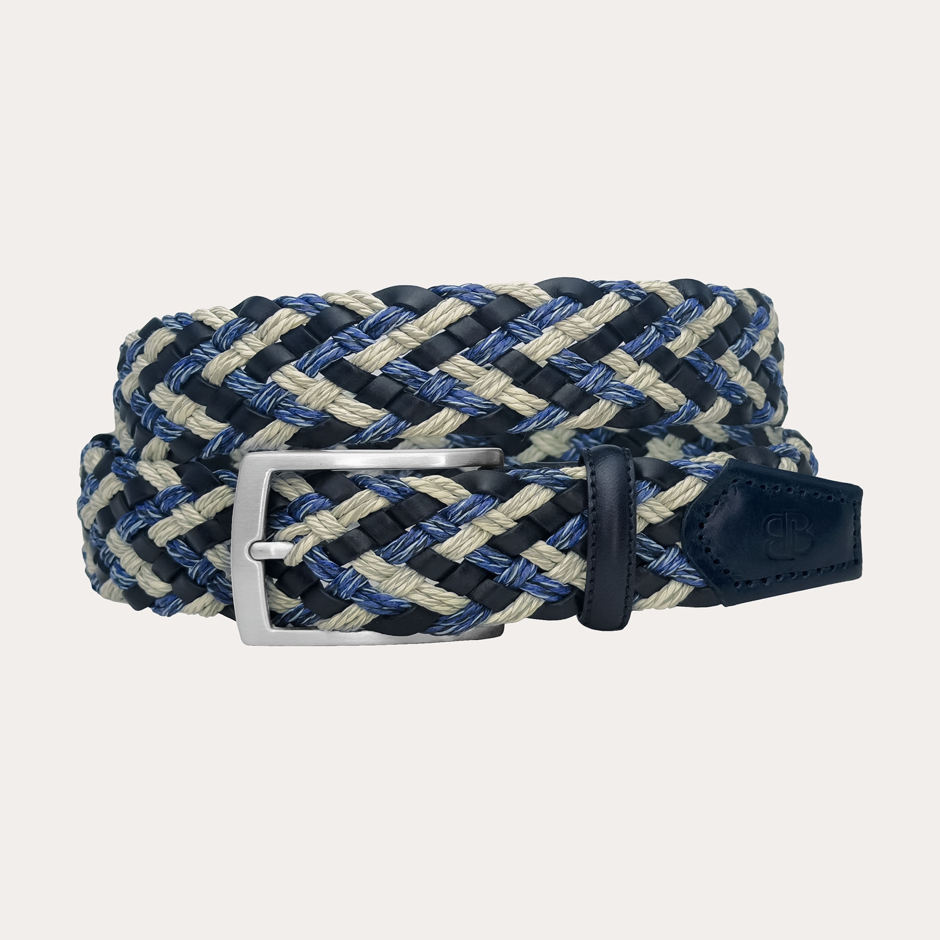 Ceinture tressée en cuir bleu et beige
