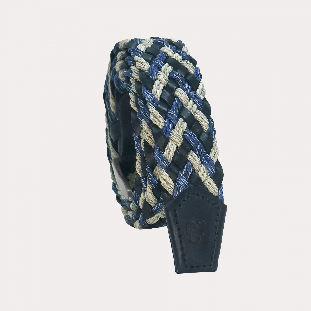Ceinture tressée en cuir bleu et beige