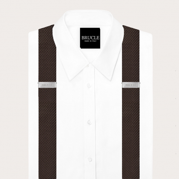 Élégant ensemble bretelles et cravate en soie marron à motif micro-point