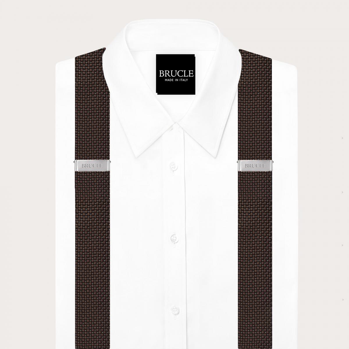 Élégant ensemble bretelles et cravate en soie marron à motif micro-point