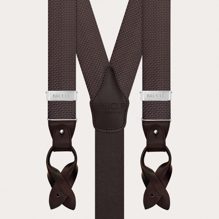 Élégant ensemble bretelles et cravate en soie marron à motif micro-point