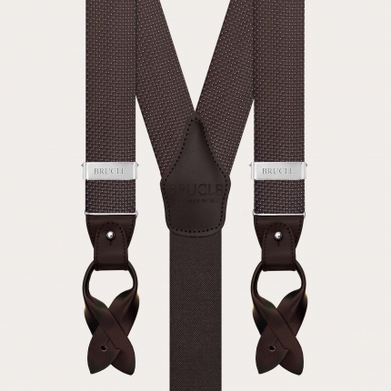 Élégant ensemble bretelles et cravate en soie marron à motif micro-point