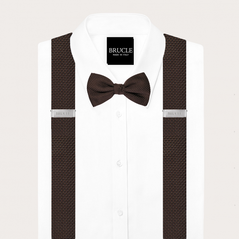Elegant suspenders and tie set in brown pin-dot silk