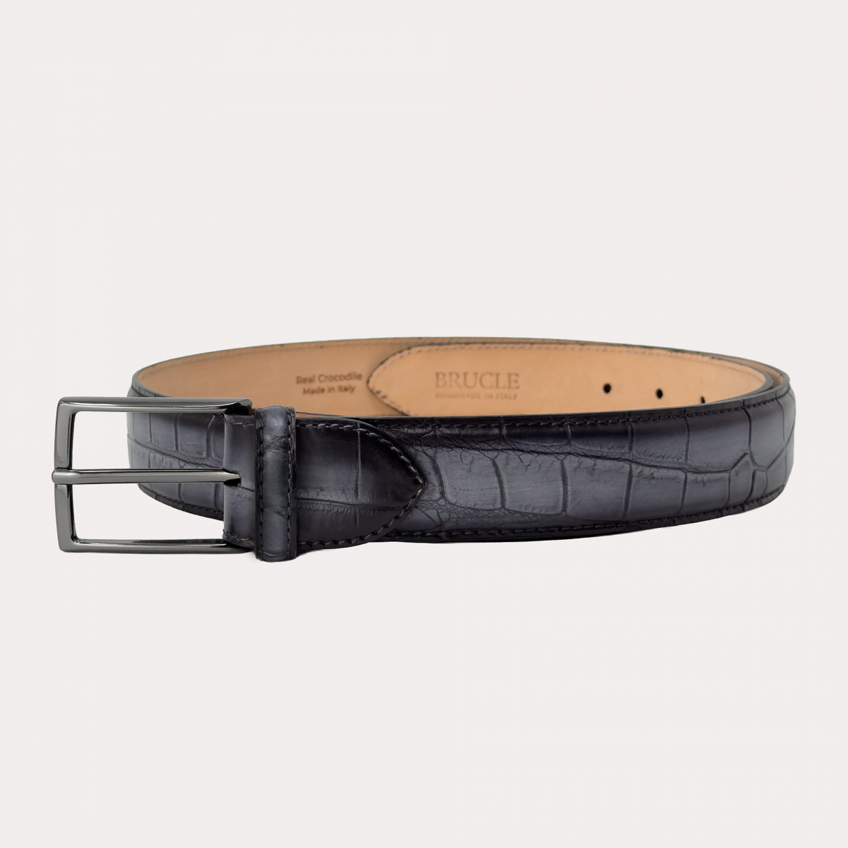 Nickel free belt in crocodile tail with shaded black patina