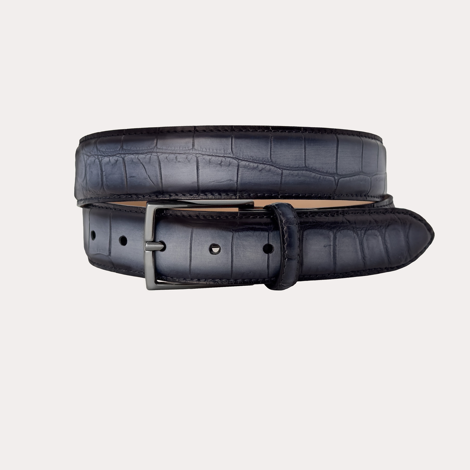 Ceinture sans nickel en queue de crocodile à patine noire nuancée