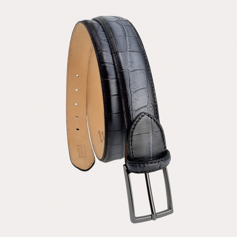 Nickel free belt in crocodile tail with shaded black patina