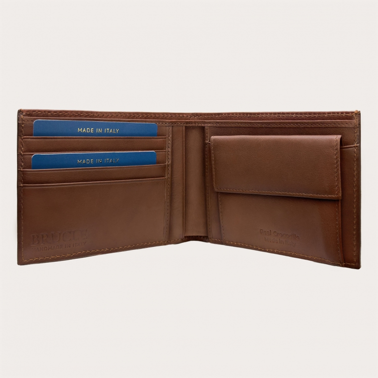 Men's golden brown crocodile wallet with coin pocket