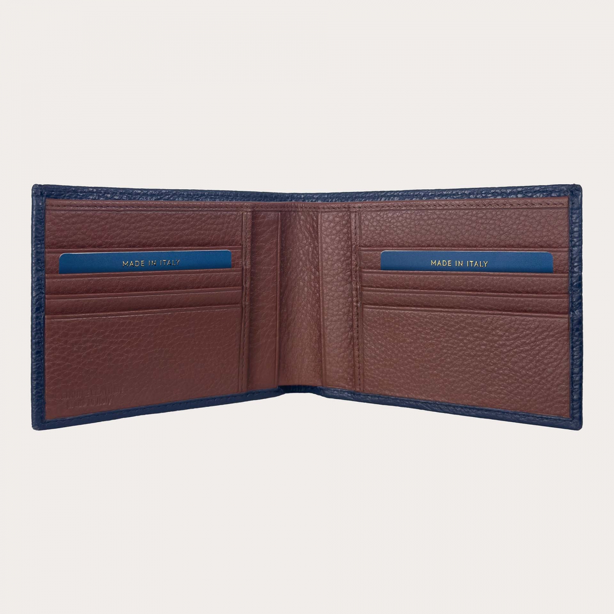 Herren-Geldbörse aus blauem Leder mit cognacfarbenem Innenteil