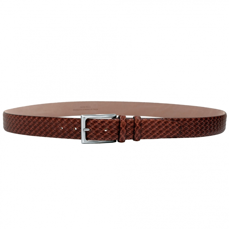 Genuine leather belt with cognac braided print