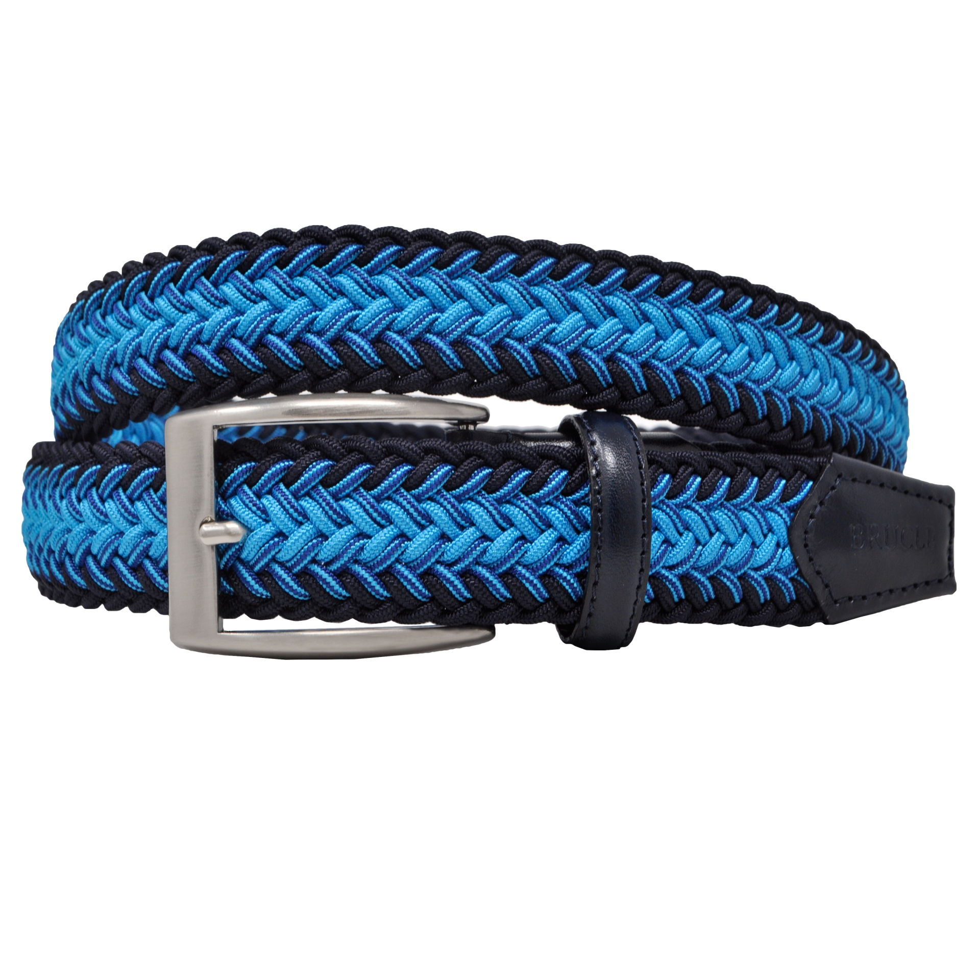 Braided elastic stretch tubular belt, black blue and light blue BRUCLE