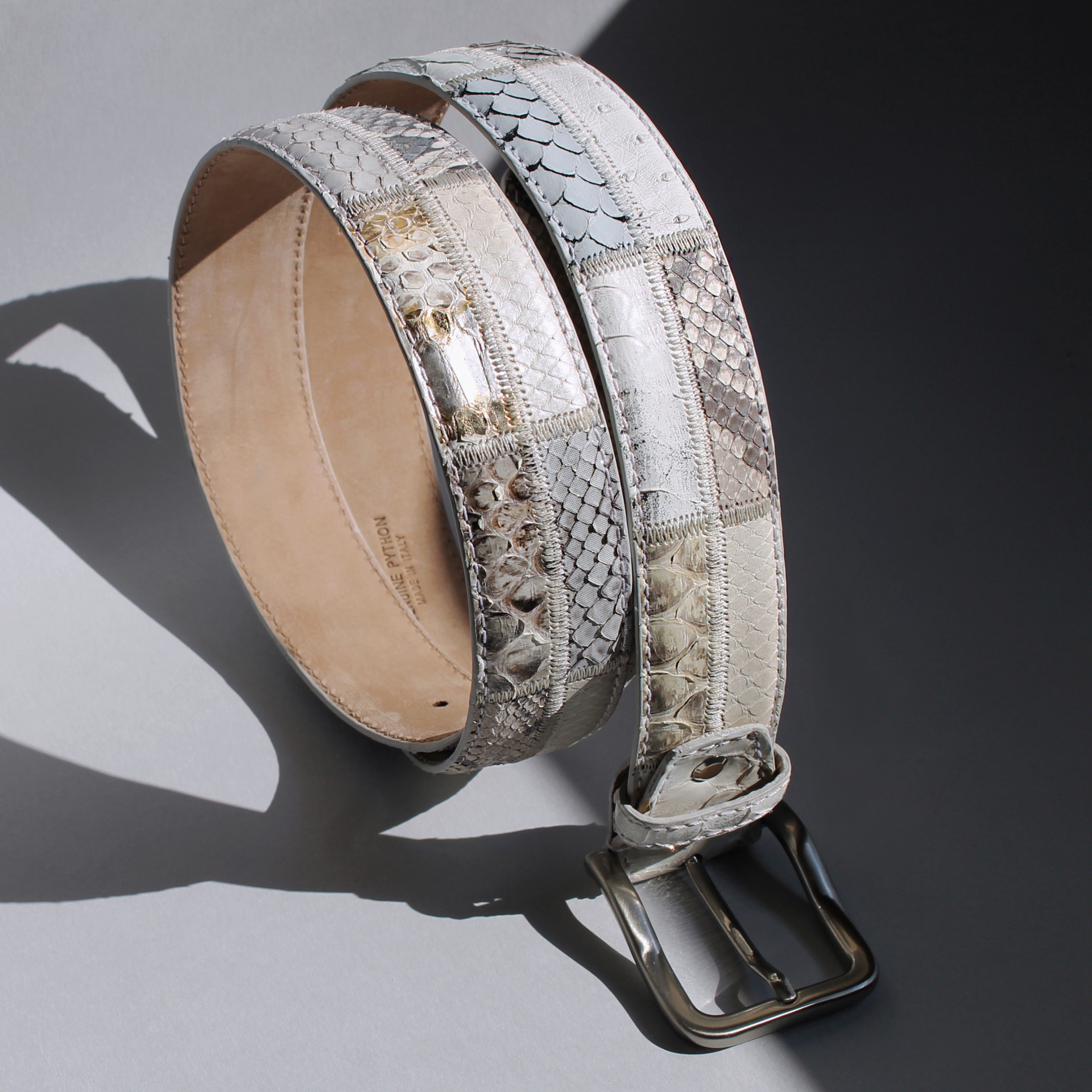 BRUCLE White and rock patchwork python belt