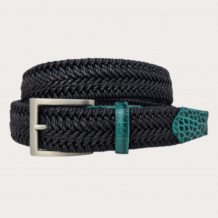 Cinturón elástico trenzado negro con piel verde