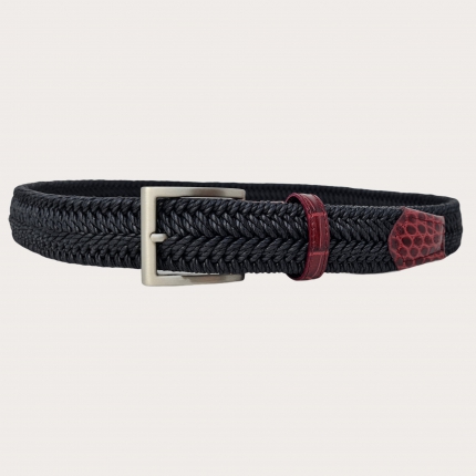 Braided elastic stretch belt, black with burdundy leather