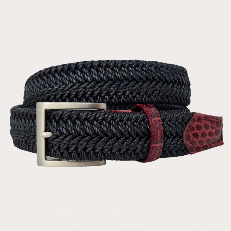 Black braided elastic belt with burgundy leather