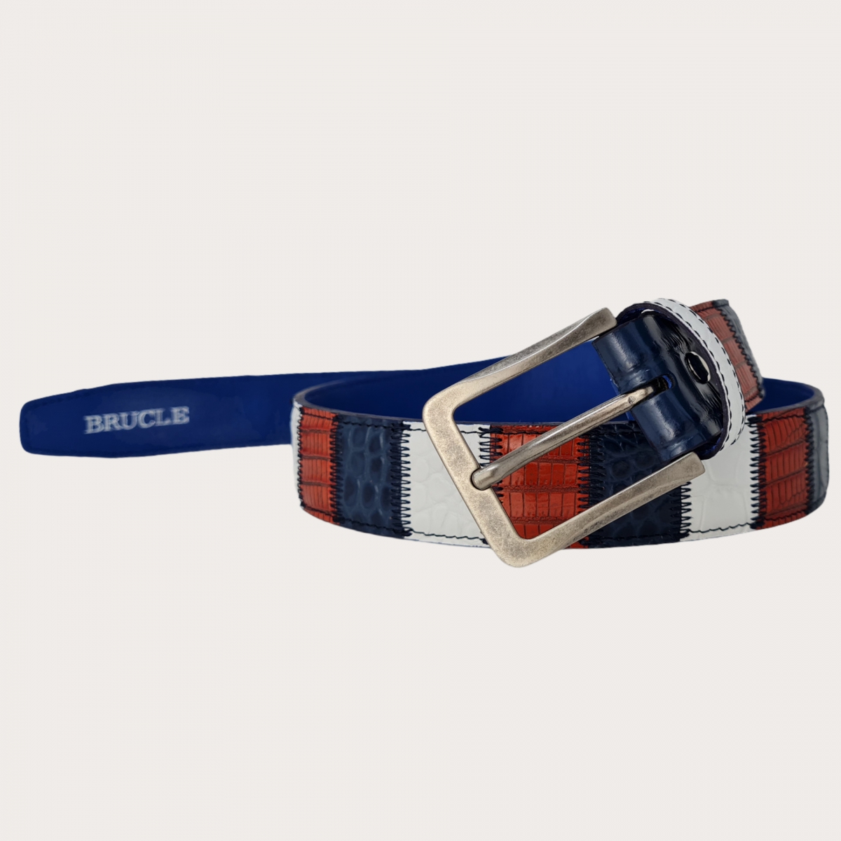 BRUCLE ceinture cuir patchwork bleue rouge blanche