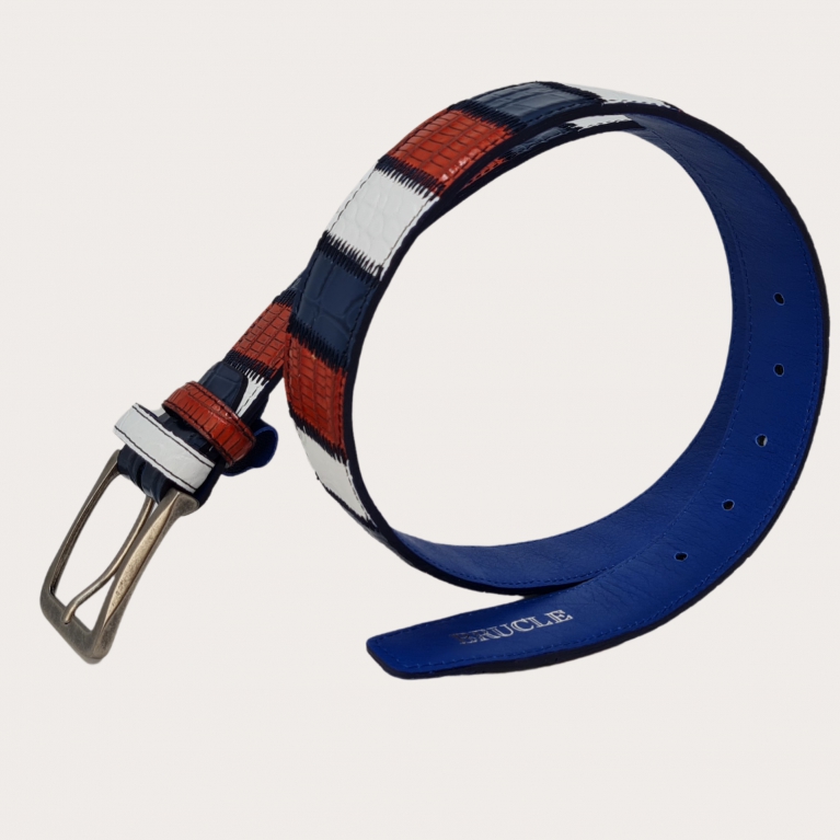 Blue red and white patchwork belt in genuine leather