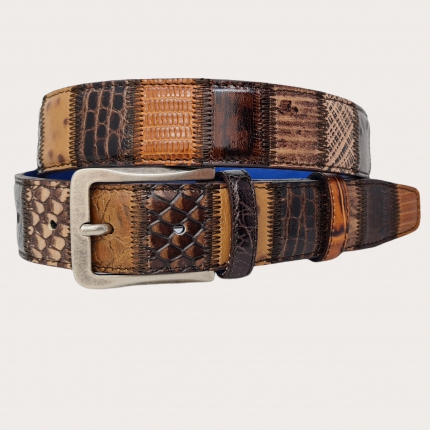 Brown patchwork belt in genuine leather