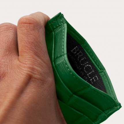 Porte carte de crédit vert en cuir véritable alligator