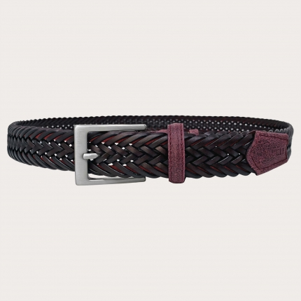 Braided genuine leather belt, burgundy