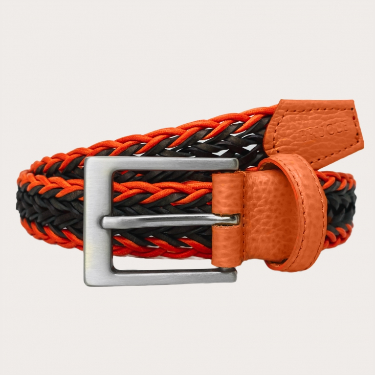 Braided cotton and leather belt, orange and brown